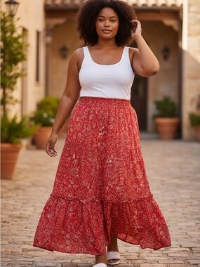 CRISTINA B plus size boho Women's Red Tiered Smocked Waist Maxi Skirt sz 1X